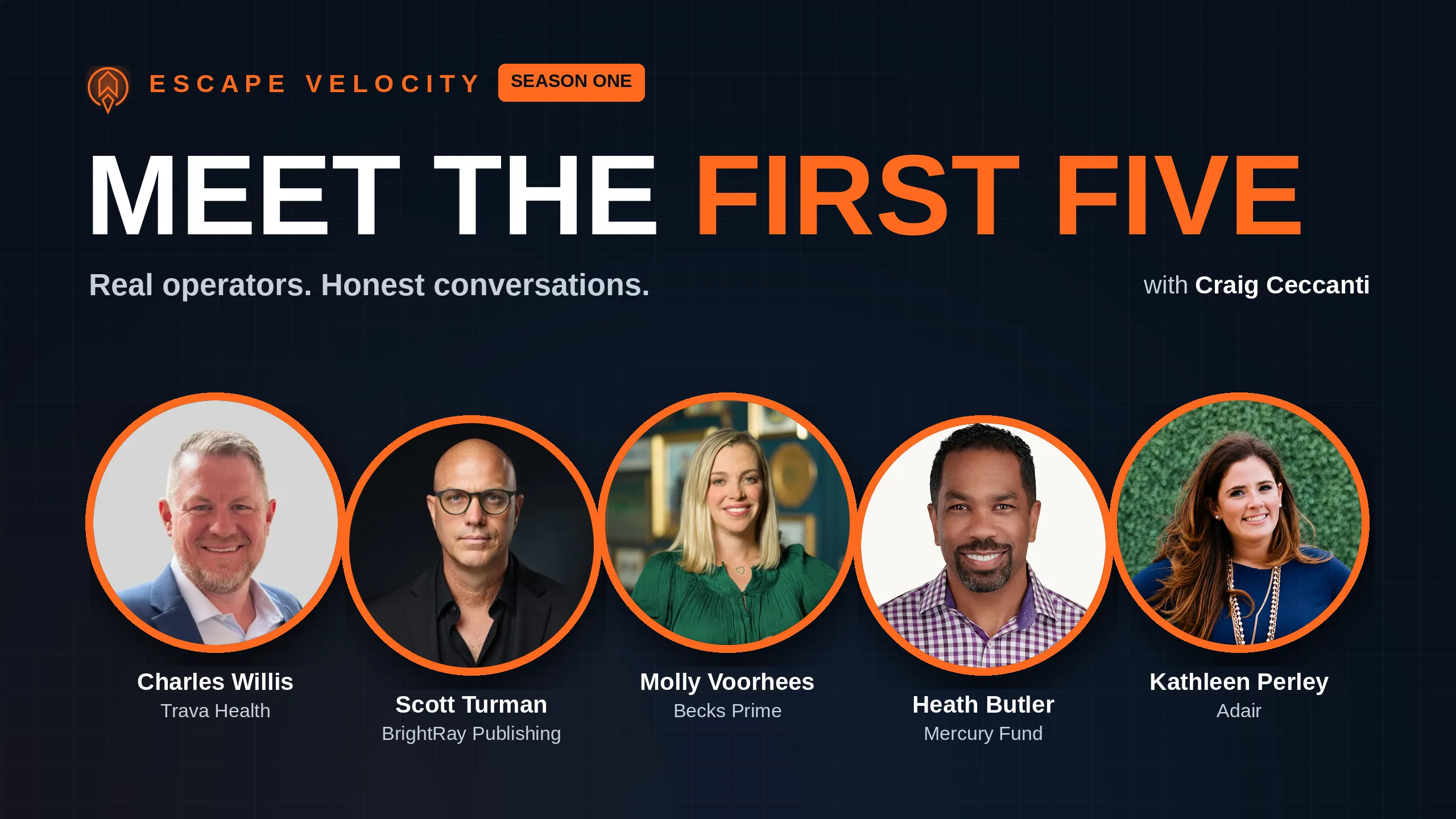 Escape Velocity Season One lineup, the first five guests: Charles Willis of Trava Health, Scott Turman of BrightRay Publishing, Molly Voorhees of Becks Prime, Heath Butler of Mercury Fund, and Kathleen Perley of Adair, with host Craig Ceccanti.