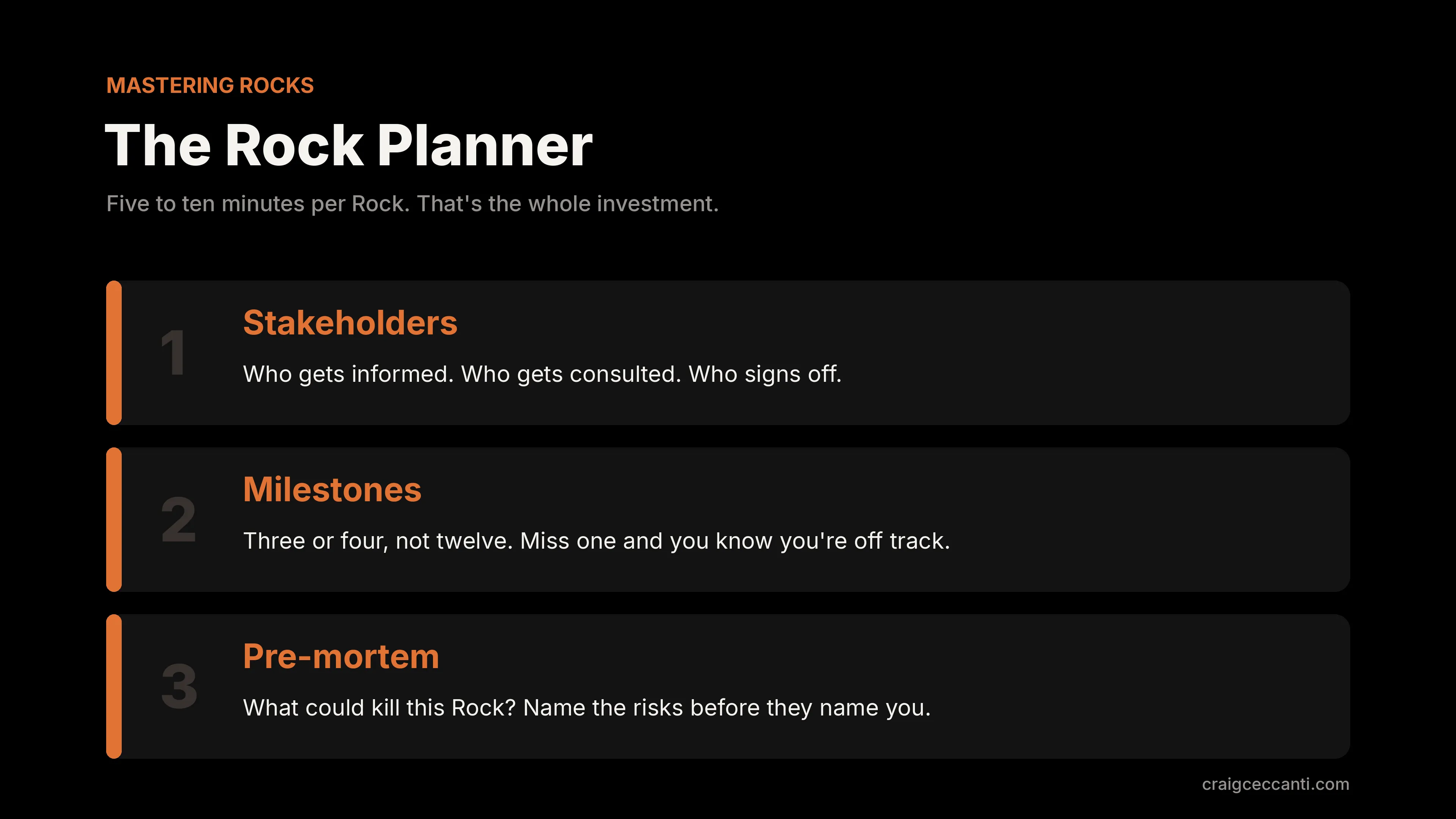 The Rock Planner: stakeholders, milestones, pre-mortem