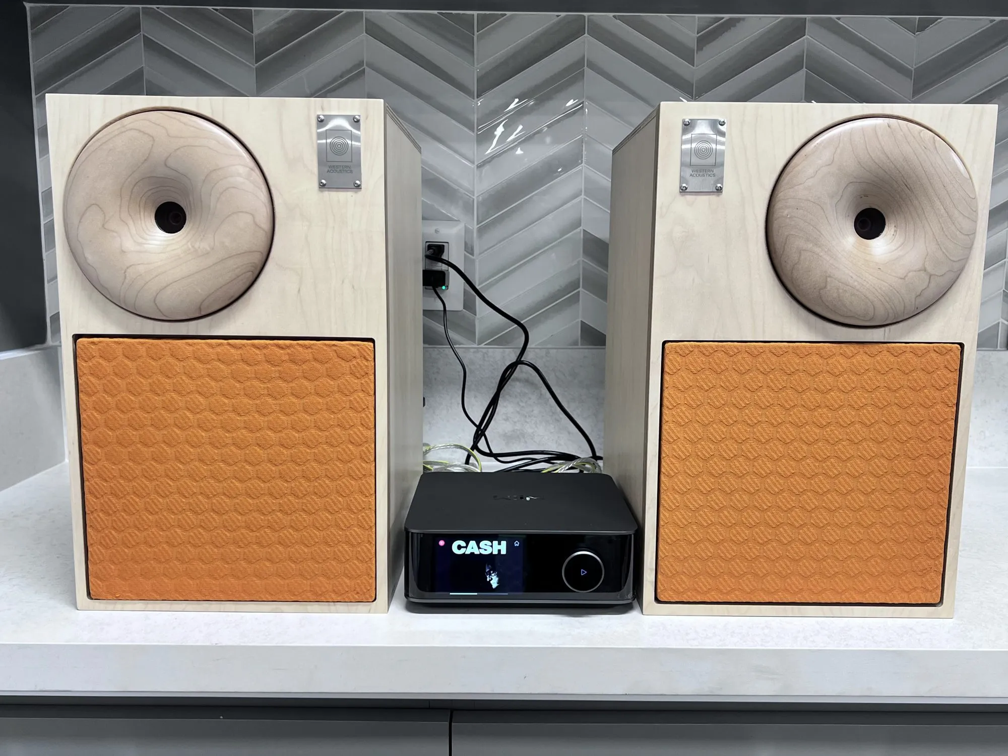 The pair of Western Acoustics speakers Liam’s team built me, finished in EOS orange.